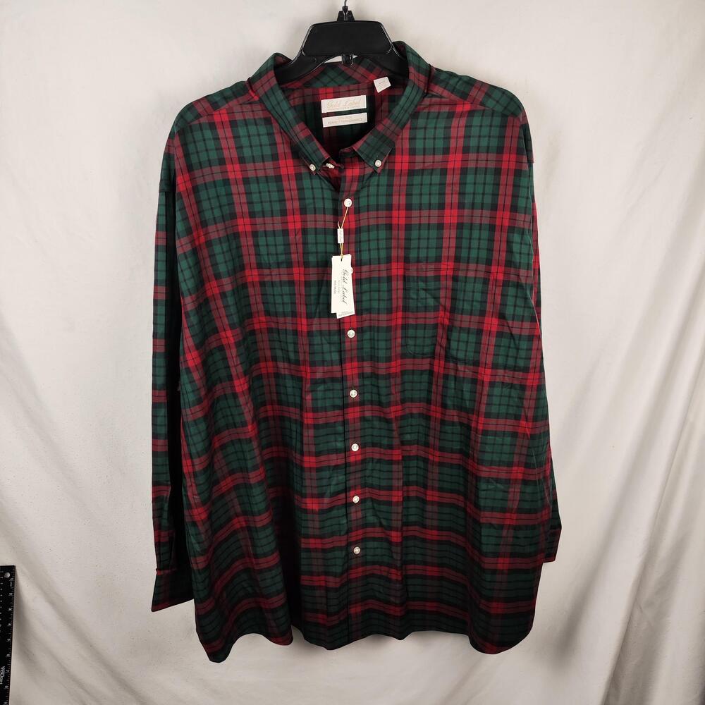 Gold Label Roundtree & Yorke Shirt Mens 4XB Green Red Plaid Button Down Non Iron